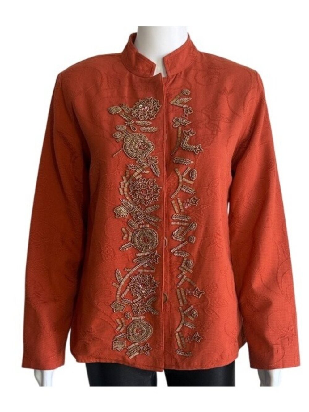 Indigo Moon Embroidered Jacket XS Boho Cotton Mandarin Collar Orange Artisan